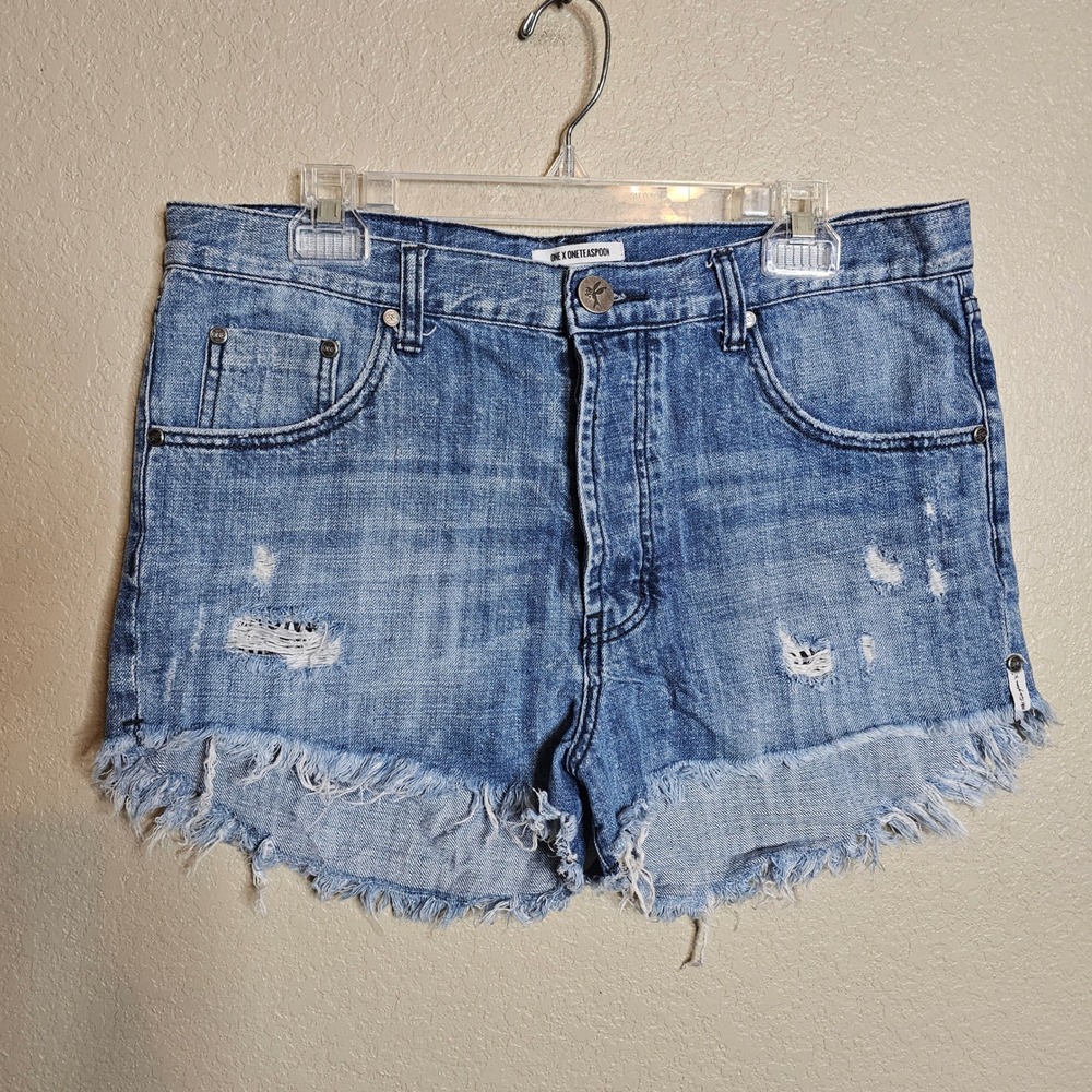 One Teaspoon Outlaws Blue Distressed Denim‎ Shorts Low Waist Button Fly Size 30